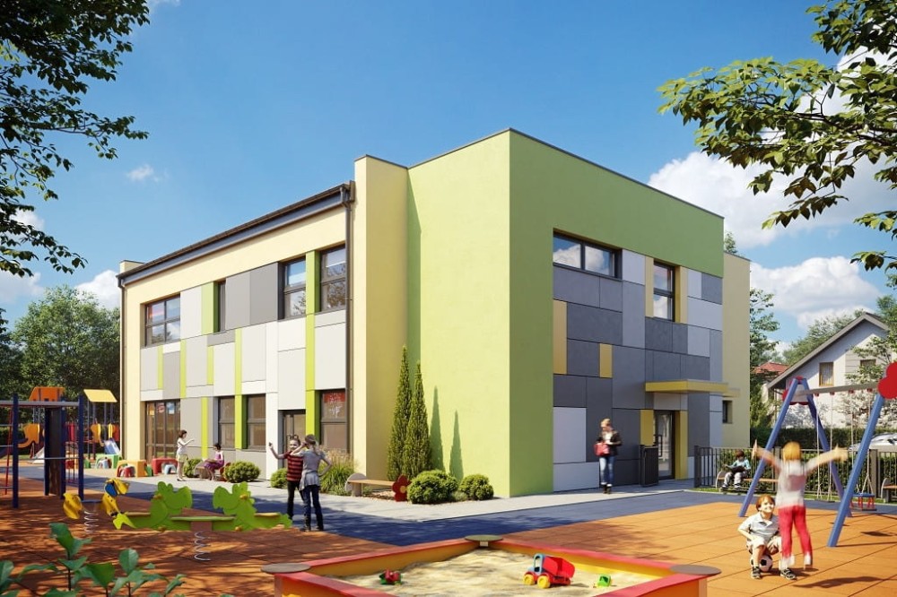 Projekt przedszkola K-115, piętrowy, bez podpiwniczenia i garażu-kolorystyka wersja 4