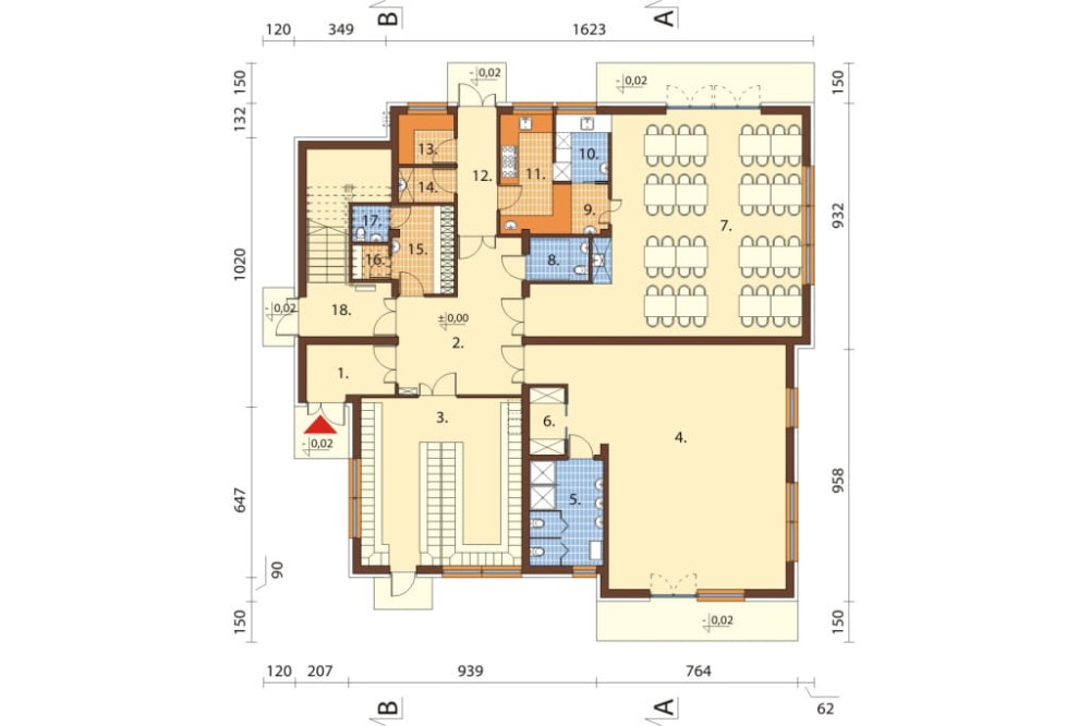 Projekt przedszkola K-115, piętrowy, bez podpiwniczenia i garażu - rzut parteru