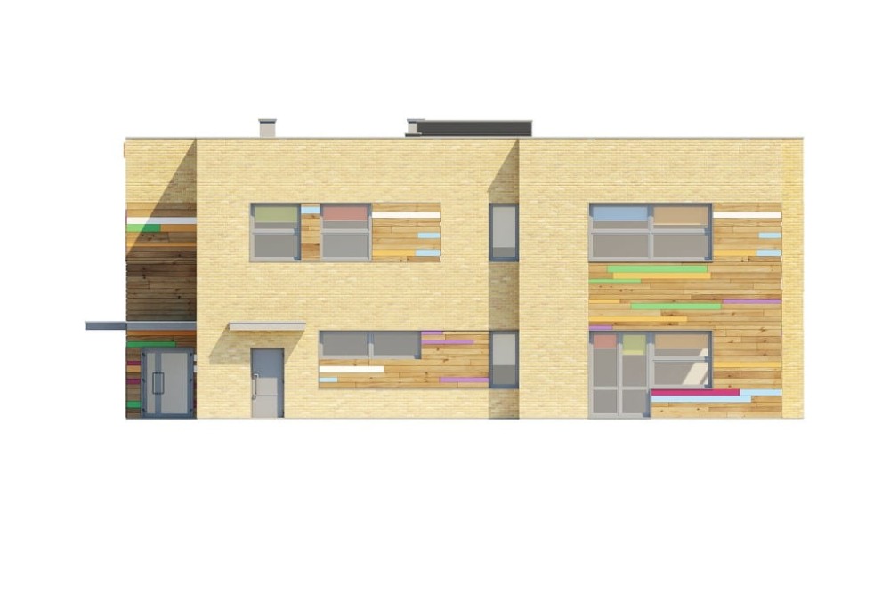 Projekt przedszkola K-115, piętrowy, bez podpiwniczenia i garażu - elewacja frontowa