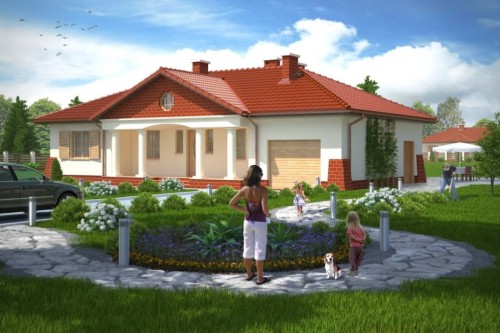 Projekt domu Ludwinów 2 L-6079, parterowy, jednorodzinny, dworkowy, z garażem, bez podpiwniczenia - kolorystyka wersja 1