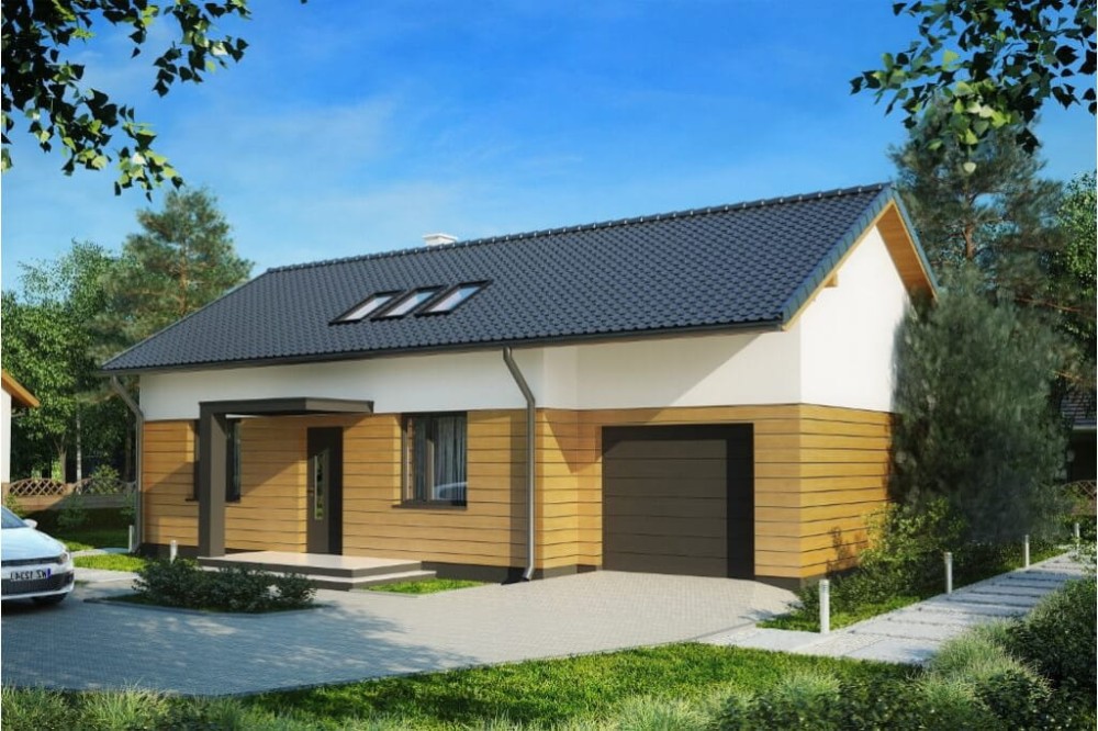 Projekt domu Kocanka 2 L-6619, parterowy z poddaszem użytkowym i garażem - kolorystyka wersja 2