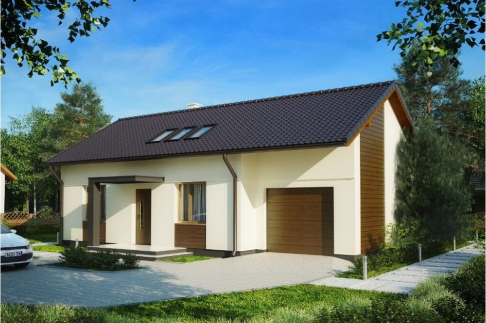 Projekt domu Kocanka 2 L-6619, parterowy z poddaszem użytkowym i garażem - kolorystyka wersja 3