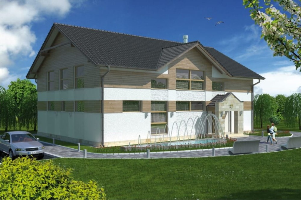 Projekt centrum odnowy K-27, parterowy z poddaszem użytkowym, niepodpiwniczony, bez garażu - kolorystyka wersja 3