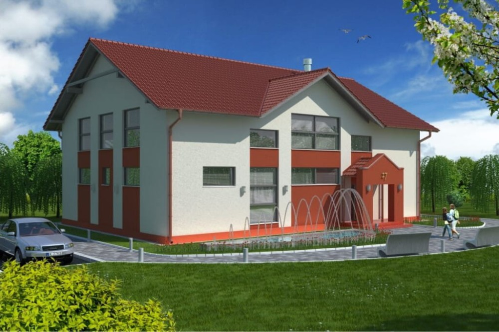Projekt centrum odnowy K-27, parterowy z poddaszem użytkowym, niepodpiwniczony, bez garażu - kolorystyka wersja 4