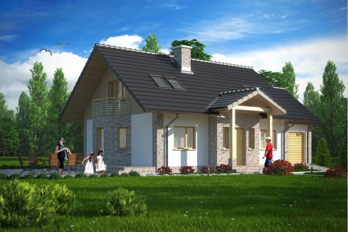 parterowy z poddaszem użytkowym, jednorodzinny, bez podpiwniczenia, z garażem-kolorystyka wersja 1