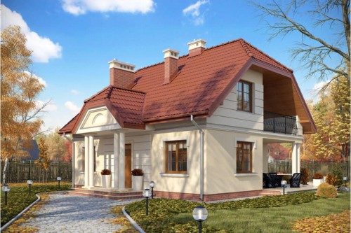 Projekt domu Trzemeszno DM-6214,  parterowy z poddaszem mieszkalnym, częściowo podpiwniczony - kolorystyka wersja 1