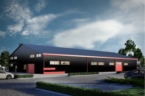 Projekt hali magazynowej K-95, parterowa z częściowym poddaszem użytkowym, niepodpiwniczona - kolorystyka wersja 2