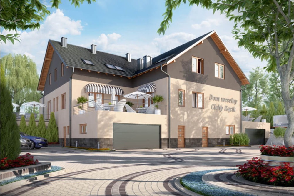 Projekt budynku gastronomicznego z zapleczem noclegowym i mieszkaniem właściciela K-58, parterowy poddaszem użytkowym, podpiwniczony z dwoma garażami - kolorystyka wersja 1