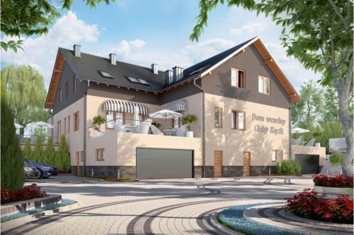 Projekt budynku gastronomicznego z zapleczem noclegowym i mieszkaniem właściciela K-58, parterowy poddaszem użytkowym, podpiwniczony z dwoma garażami - kolorystyka wersja 1