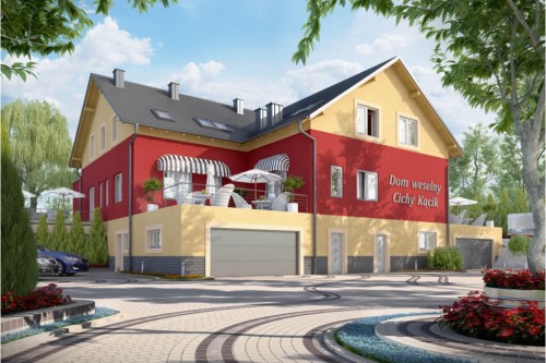 Projekt budynku gastronomicznego z zapleczem noclegowym i mieszkaniem właściciela K-58, parterowy poddaszem użytkowym, podpiwniczony z dwoma garażami - kolorystyka wersja 2