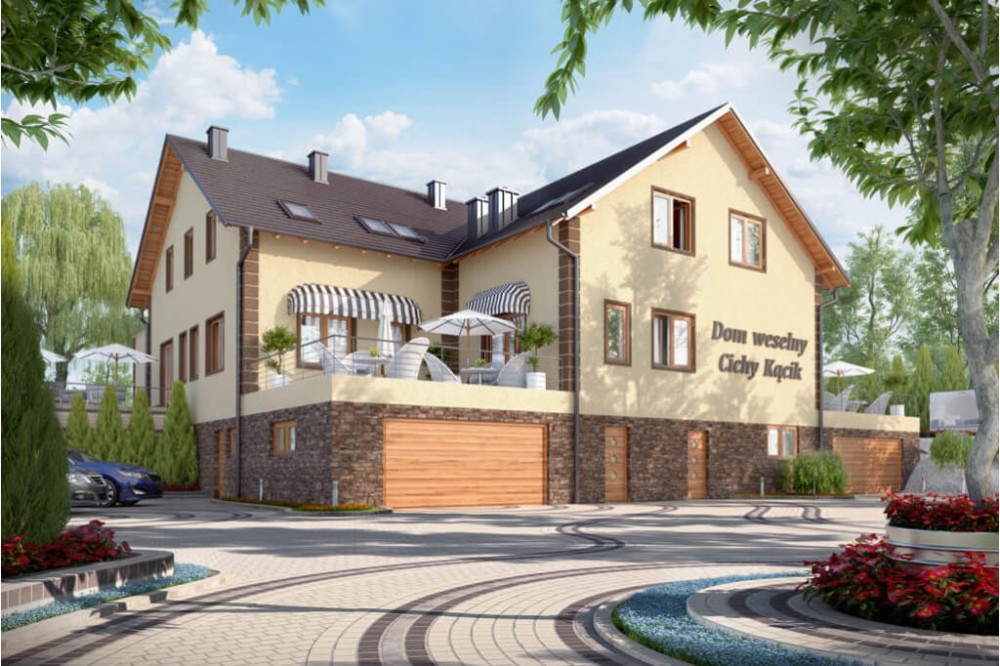 Projekt budynku gastronomicznego z zapleczem noclegowym i mieszkaniem właściciela K-58, parterowy poddaszem użytkowym, podpiwniczony z dwoma garażami - kolorystyka wersja 4