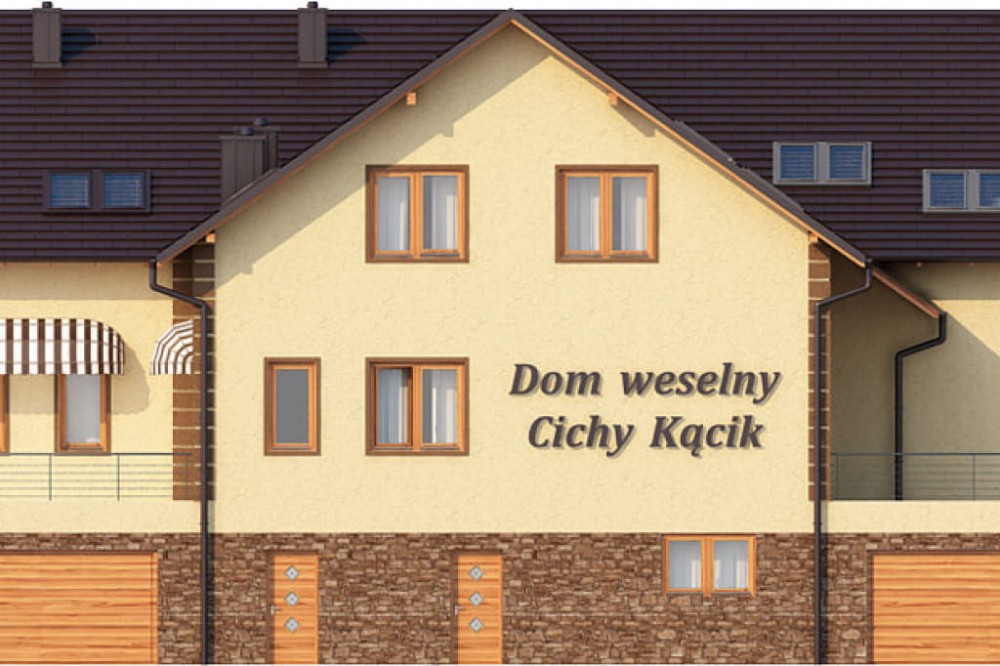 Projekt budynku gastronomicznego z zapleczem noclegowym i mieszkaniem właściciela K-58, parterowy poddaszem użytkowym, podpiwniczony z dwoma garażami - elewacja frontowa