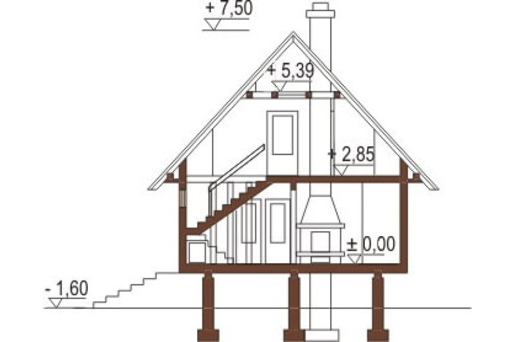 Projekt domu Przeborowo 2 L-6082, parterowy z poddaszem użytkowym i częściowym podpiwniczeniem, bez garażu  - przekrój A-A