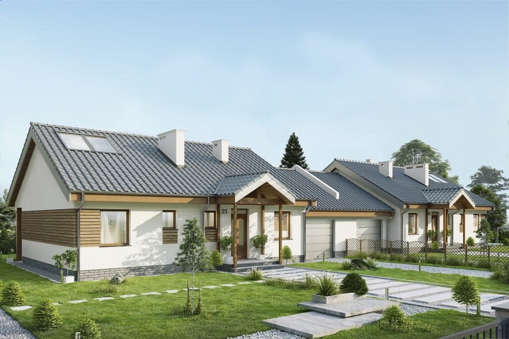 Projekt domu Arcus DM-6721,  bliźniak, parterowy, z garażem jednostanowiskowym, niepodpiwniczony - kolorystyka wersja 1