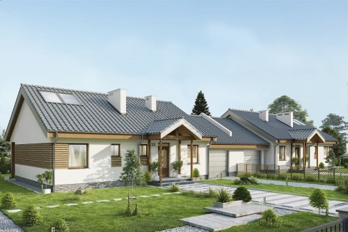 Projekt domu Arcus DM-6721, parterowy, dwurodzinny, tradycyjny, z garażem, z dachem dwuspadowym-kolorystyka wersja 1