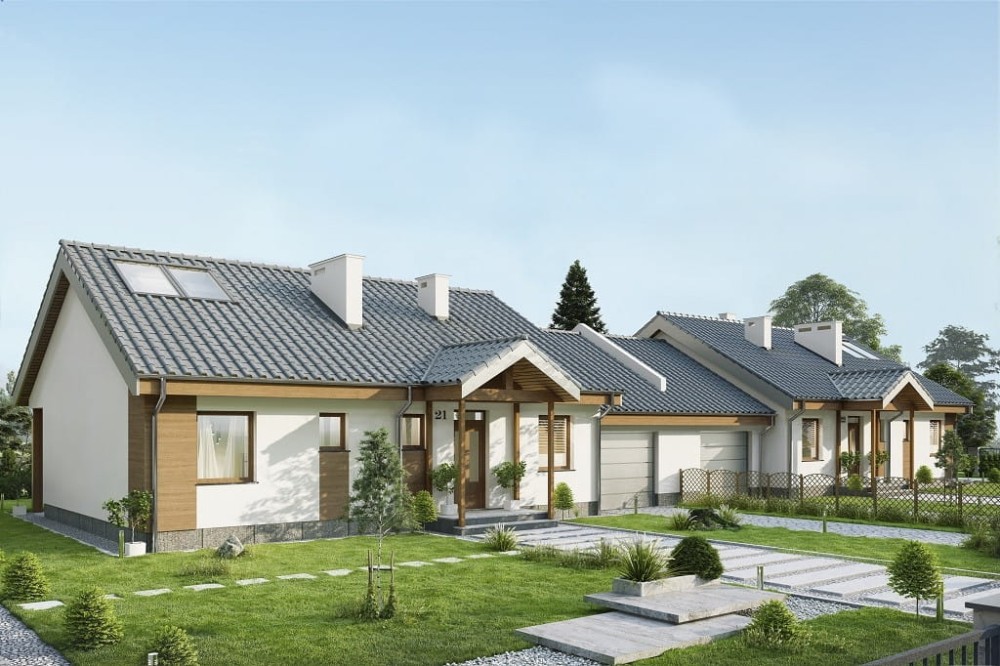 Projekt domu Arcus DM-6721,  bliźniak, parterowy, z garażem jednostanowiskowym, niepodpiwniczony - kolorystyka wersja 2