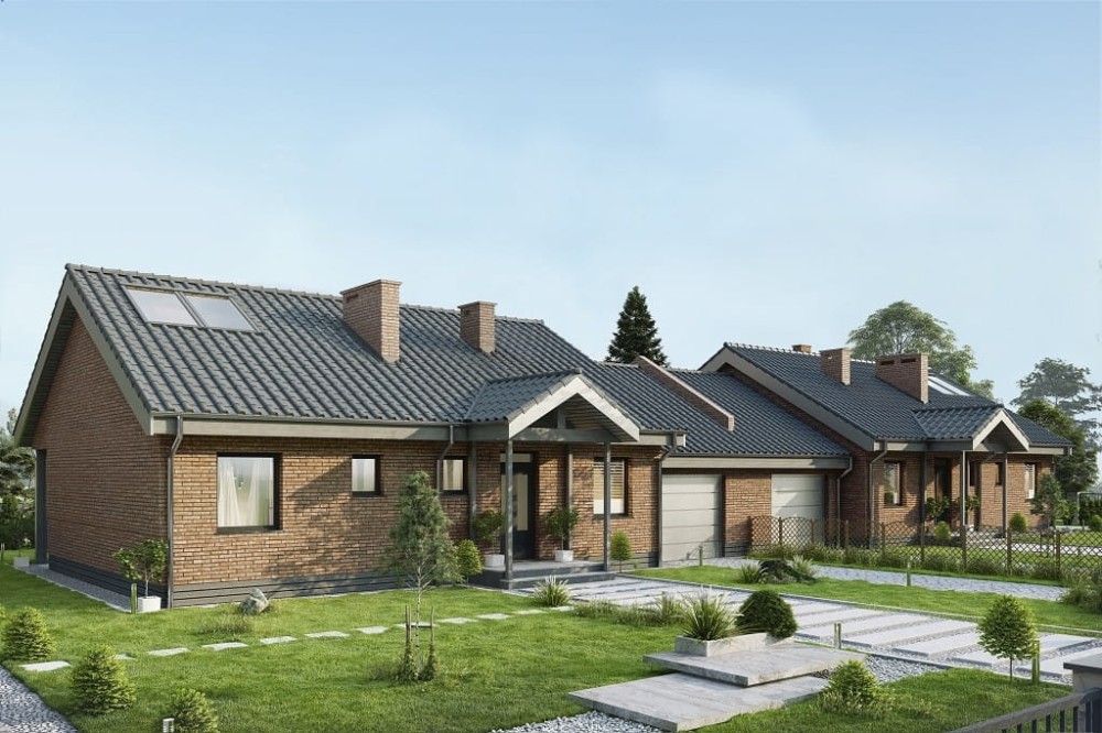 Projekt domu Arcus DM-6721,  bliźniak, parterowy, z garażem jednostanowiskowym, niepodpiwniczony - kolorystyka wersja 4