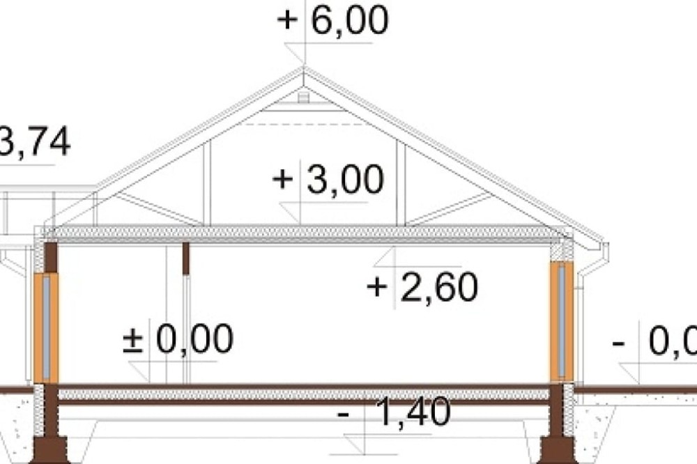 Projekt domu Arcus DM-6721,  bliźniak, parterowy, z garażem jednostanowiskowym, niepodpiwniczony - przekrój B-B