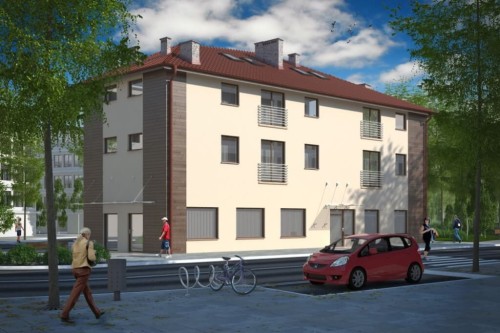 Projekt budynku usługowo - mieszkalnego K-34, dwupiętrowy z poddaszem mieszkalnym bez podpiwniczenia i bez garażu - kolorystyka wersja 1