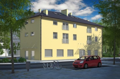Projekt budynku usługowo - mieszkalnego K-34, dwupiętrowy z poddaszem mieszkalnym bez podpiwniczenia i bez garażu - kolorystyka wersja 2