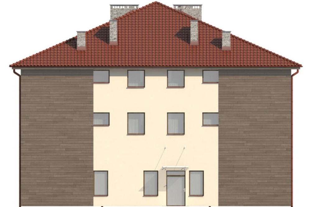 Projekt budynku usługowo - mieszkalnego K-34, dwupiętrowy z poddaszem mieszkalnym bez podpiwniczenia i bez garażu - elewacja prawa