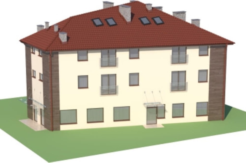 Projekt budynku usługowo - mieszkalnego K-34, dwupiętrowy z poddaszem mieszkalnym bez podpiwniczenia i bez garażu - model