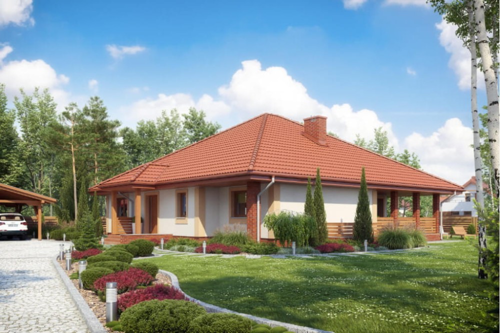 Projekt domu Aksamitki 2 L-6584, parterowy z częściowym podpiwniczeniem, bez garażu - kolorystyka wersja 1