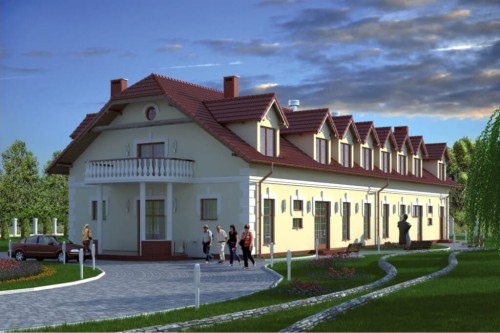 Projekt budynku gastronomicznego z zapleczem noclegowym K-26, parterowy z poddaszem użytkowym, bez podpiwniczenia, przystosowany dla osób niepełnosprawnych - kolorystyka wersja 1