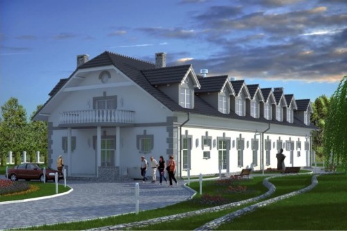 Projekt budynku gastronomicznego z zapleczem noclegowym K-26, parterowy z poddaszem użytkowym, bez podpiwniczenia, przystosowany dla osób niepełnosprawnych - kolorystyka wersja 2