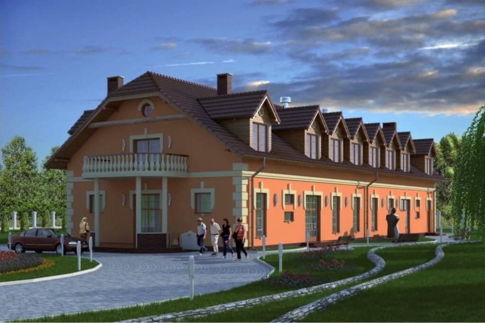 Projekt budynku gastronomicznego z zapleczem noclegowym K-26, parterowy z poddaszem użytkowym, bez podpiwniczenia, przystosowany dla osób niepełnosprawnych - kolorystyka wersja 4