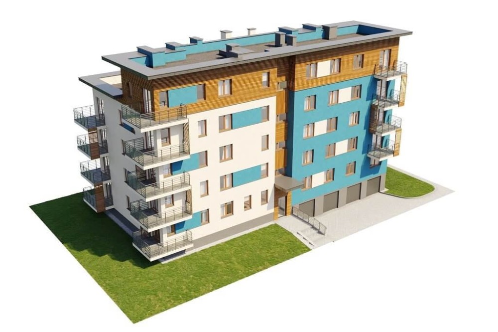 Projekt budynku wielorodzinnego DM-6670, parterowy z czterema piętrami, podpiwniczony,  z garażem - model