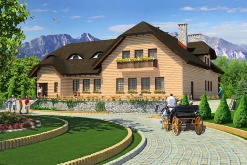 Projekt restauracji K-19, budynek parterowy z poddaszem użytkowym, bez podpiwniczenia - kolorystyka wersja 1
