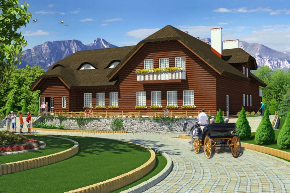 Projekt restauracji K-19, budynek parterowy z poddaszem użytkowym, bez podpiwniczenia - kolorystyka wersja 4