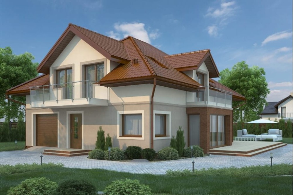 Projekt domu Lilaków DM-6553, parterowy z poddaszem użytkowym, niepodpiwniczony z garażem jednostanowiskowym - kolorystyka wersja 1
