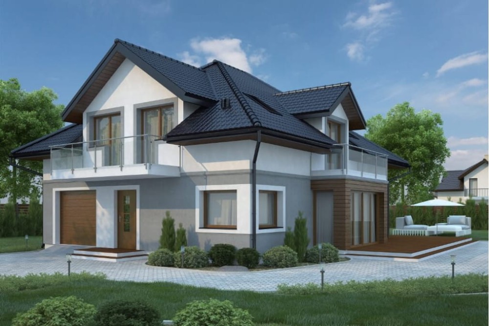 Projekt domu Lilaków DM-6553, parterowy z poddaszem użytkowym, niepodpiwniczony z garażem jednostanowiskowym - kolorystyka wersja 4