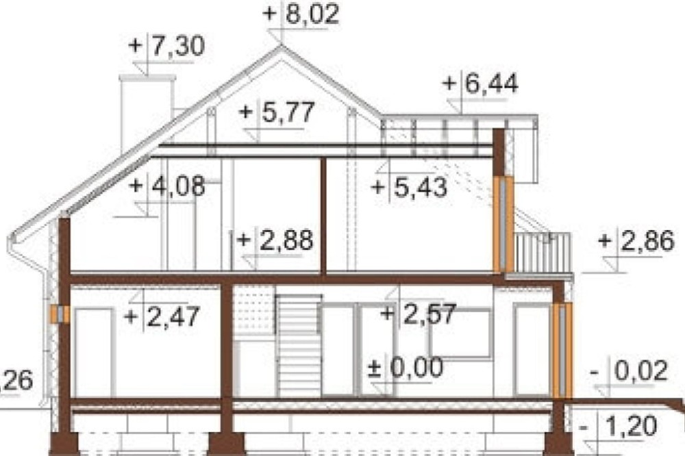 Projekt domu Lilaków DM-6553, parterowy z poddaszem użytkowym, niepodpiwniczony z garażem jednostanowiskowym - przekrój A-A
