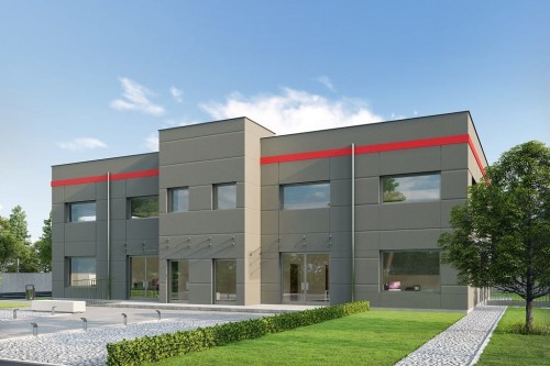 Projekt budynku usługowego  K-131, z garażem wielostanowiskowym i dwiema kondygnacjami-kolorystyka wersja 1