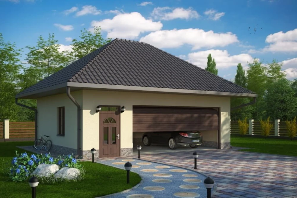 Projekt garażu dwustanowiskowego ZG-87, parterowy, ze strychem, niepodpiwniczony - kolorystyka wersja 4