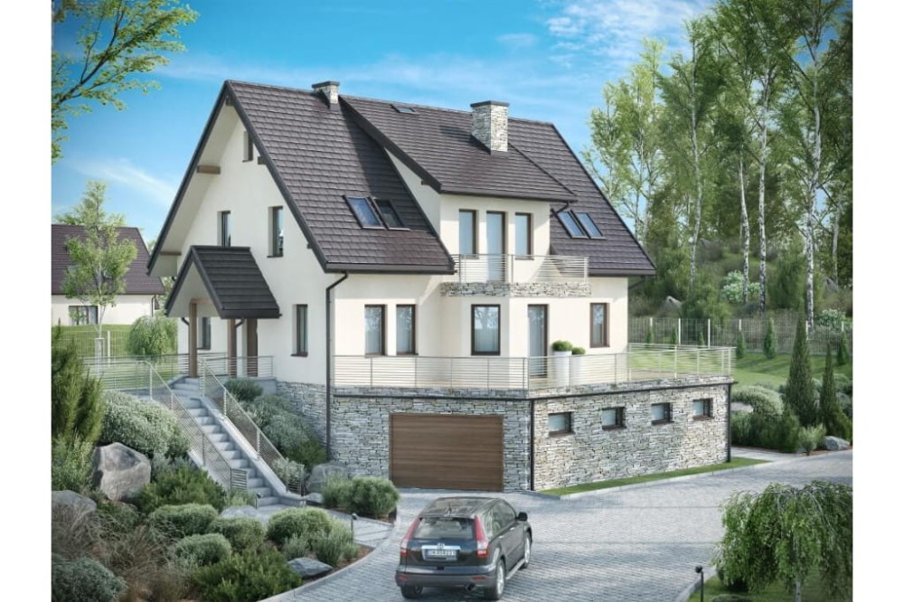 Projekt domu Cyniów DM-6547, parterowy z poddaszem użytkowym i podpiwniczeniem, jednorodzinny-kolorystyka wersja 1