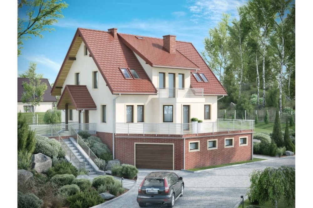 Projekt domu Cyniów DM-6547, parterowy z poddaszem użytkowym i podpiwniczeniem, jednorodzinny-kolorystyka wersja 2