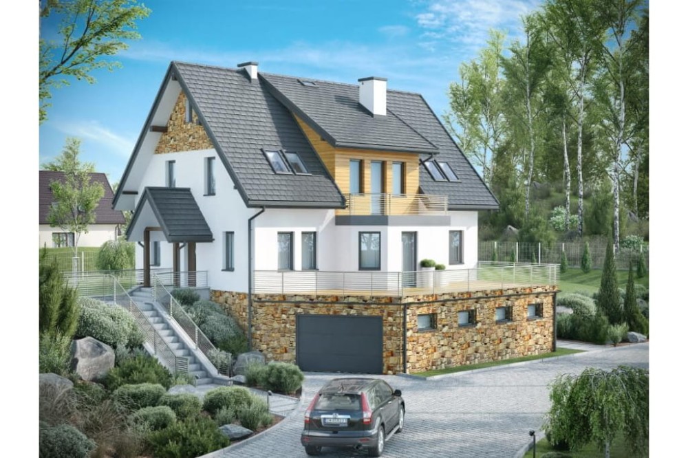 Projekt domu Cyniów DM-6547, parterowy z poddaszem użytkowym i podpiwniczeniem, jednorodzinny-kolorystyka wersja 4