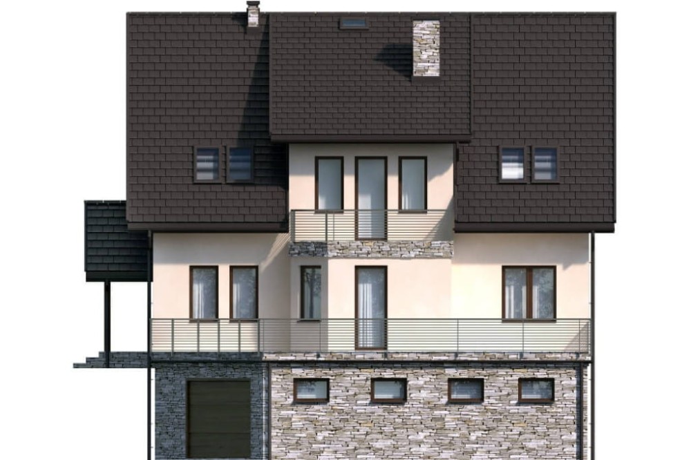 Projekt domu Cyniów DM-6547, parterowy z poddaszem mieszkalnym, częściowo podpiwniczony, z garażem - elewacja prawa