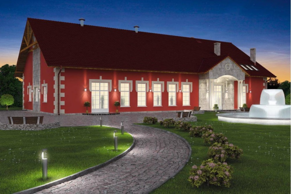 Projekt restauracji K-24 B, parterowy z antresolą, niepodpiwniczony, bez garażu - kolorystyka wersja 1
