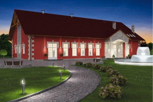 Projekt restauracji K-24 B, parterowy z antresolą, niepodpiwniczony, bez garażu - kolorystyka wersja 1