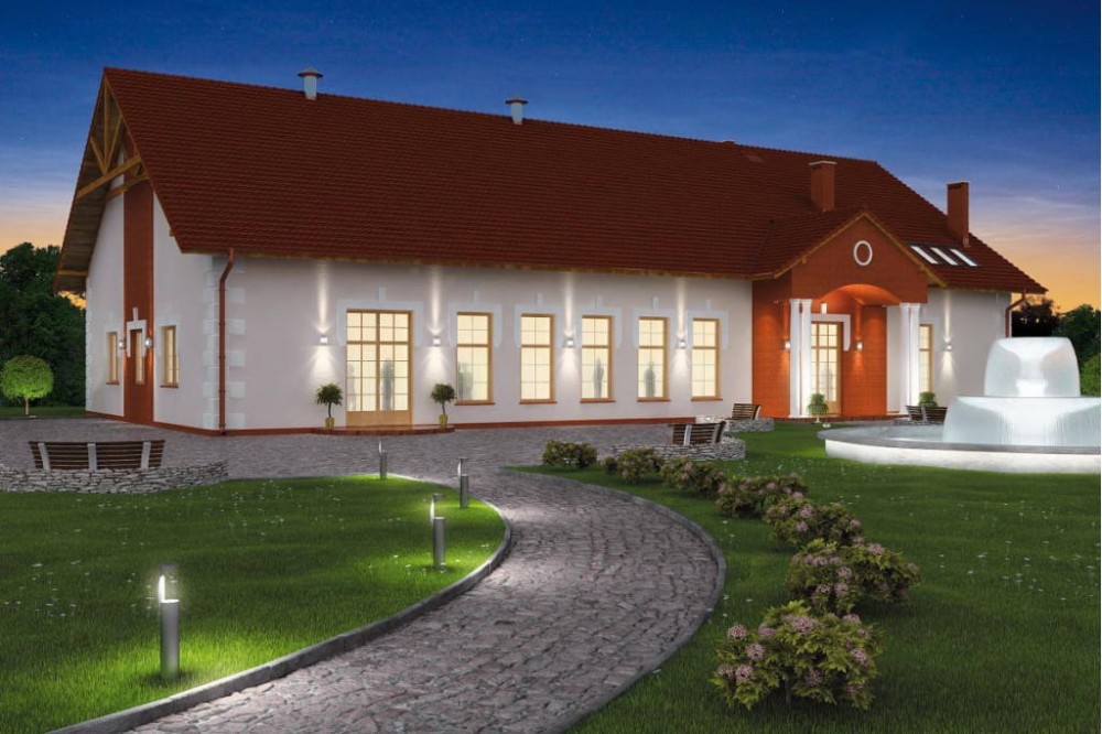 Projekt restauracji K-24 B, parterowy z antresolą, niepodpiwniczony, bez garażu - kolorystyka wersja 2