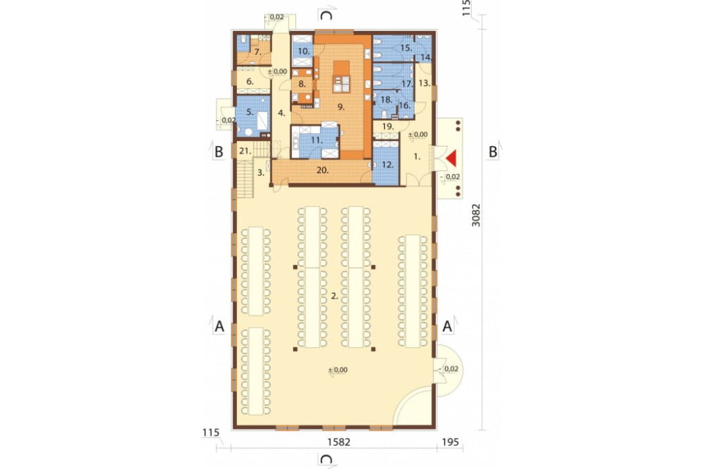 Projekt restauracji K-24 B, parterowy z antresolą, niepodpiwniczony, bez garażu - rzut parteru