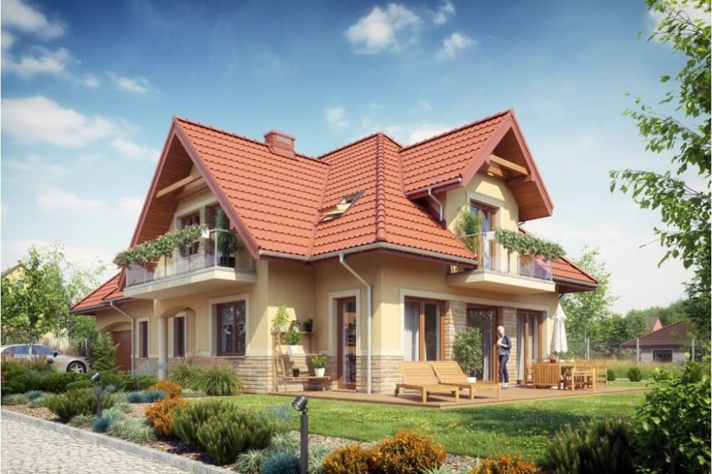 Projekt domu Forsycjowo 2 L-6614, parterowy, z poddaszem użytkowym, z garażem dwustanowiskowym - kolorystyka wersja 3