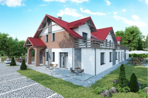 Projekt domu weselnego z pokojami gościnnymi i częścią mieszkalną K-58 C, parterowy z poddaszem użytkowym, podpiwniczony, z dwoma garażami dwustanowiskowymi - kolorystyka wersja 2