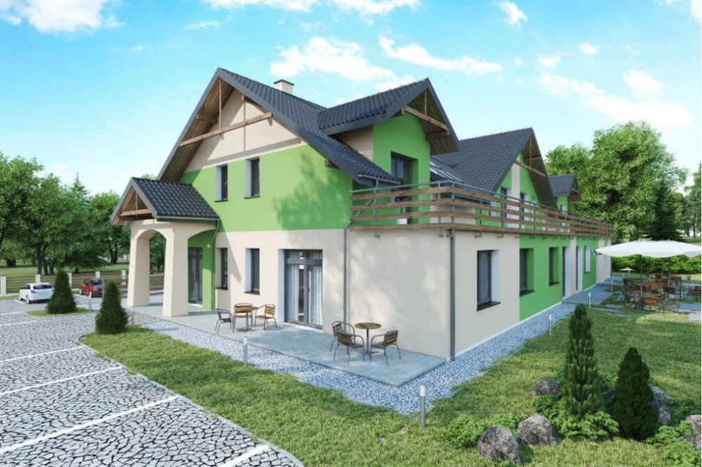 Projekt domu weselnego z pokojami gościnnymi i częścią mieszkalną K-58 C, parterowy z poddaszem użytkowym, podpiwniczony, z dwoma garażami dwustanowiskowymi - kolorystyka wersja 3