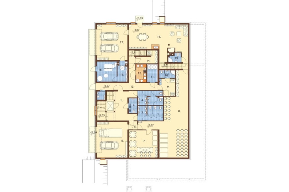 Projekt domu weselnego z pokojami gościnnymi i częścią mieszkalną K-58 C, parterowy z poddaszem użytkowym, podpiwniczony, z dwoma garażami dwustanowiskowymi - rzut piwnicy